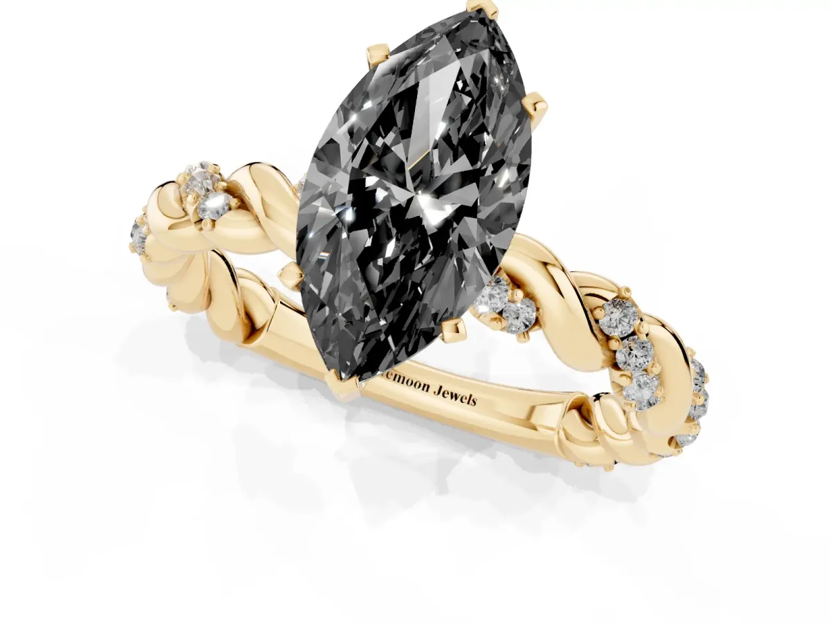 Fancy Black Marquise Cut Diamond Solitaire Ring with Twisted Band and Pavé Accents Yellow gold