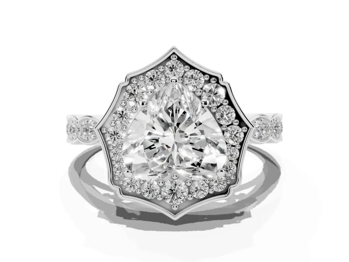 Heart Cut Halo Diamond Engagement Ring with Milgrain Band and Four-Prong Setting Platinum