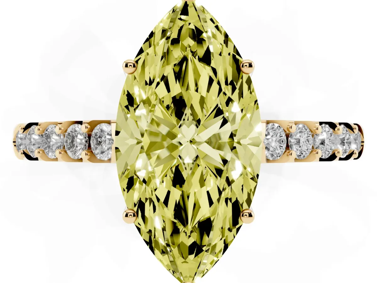 Fancy Yellow Marquise Cut Solitaire Diamond Engagement Ring with Pavé Band and Six-Prong Setting Yellow gold