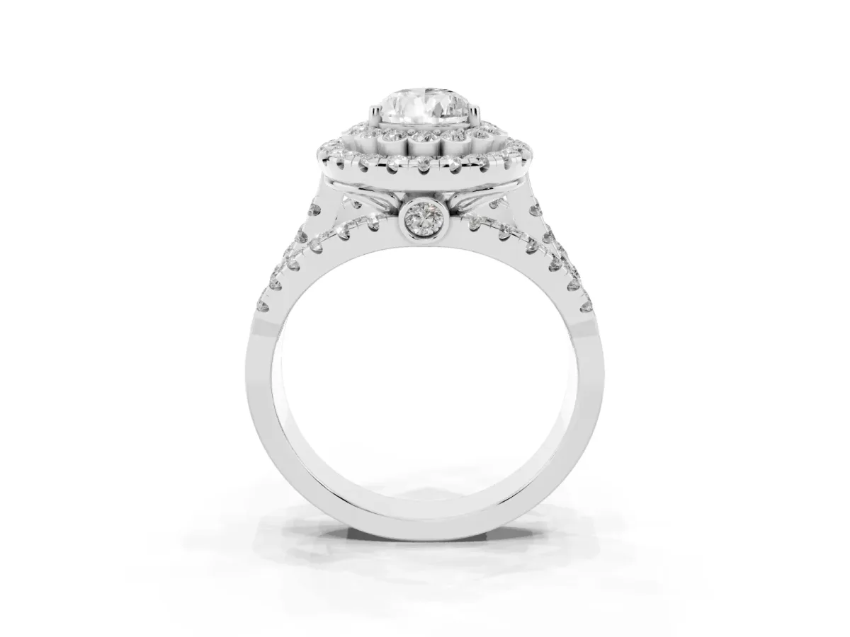 Pear Cut Diamond Double Halo Ring with Round Pavé Split Shank and Prong Setting Silver