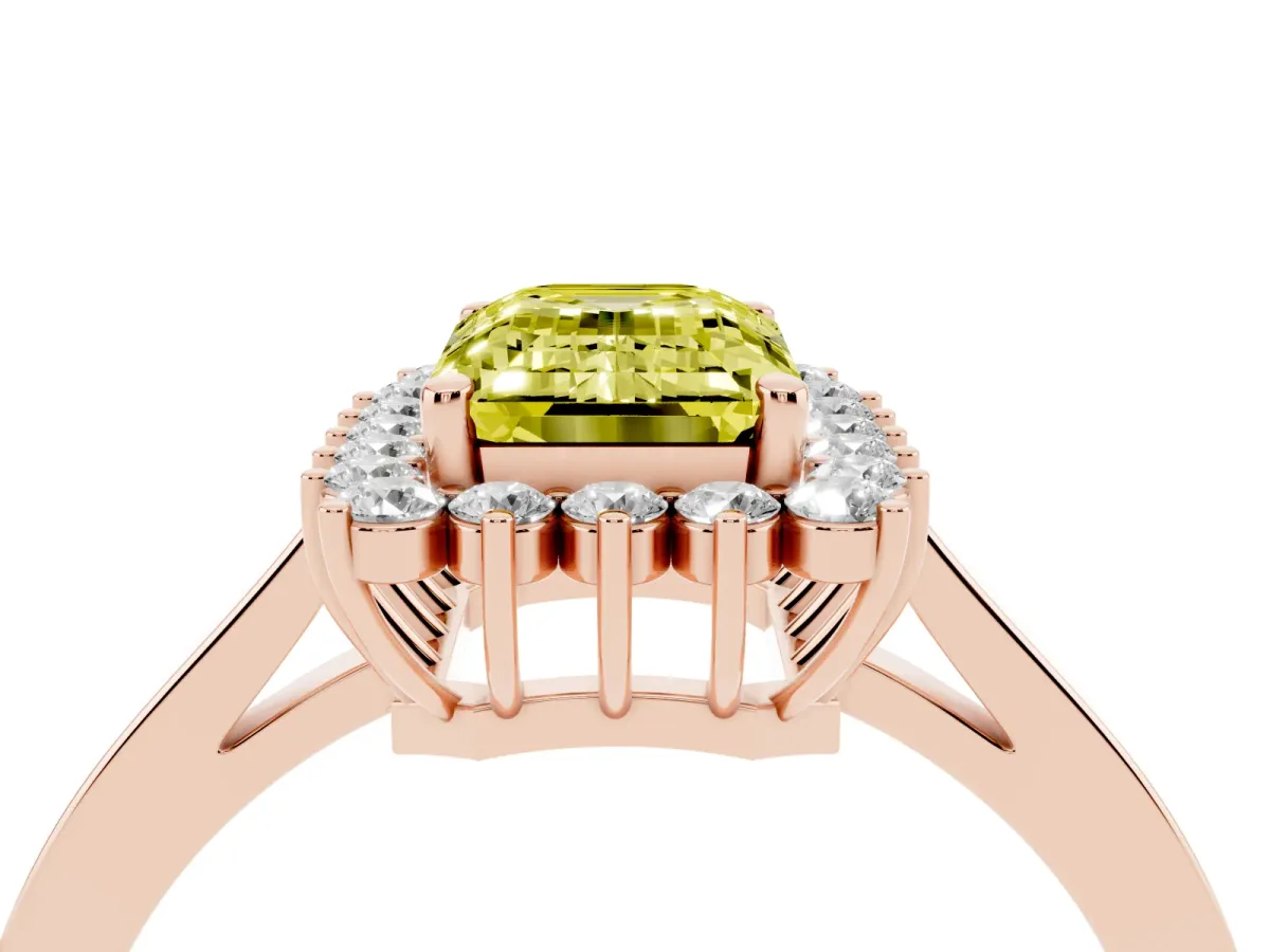 Fancy Yellow Emerald Cut Cut Diamond Halo Ring with Round Brilliant Halo and Solitaire Band Rose gold
