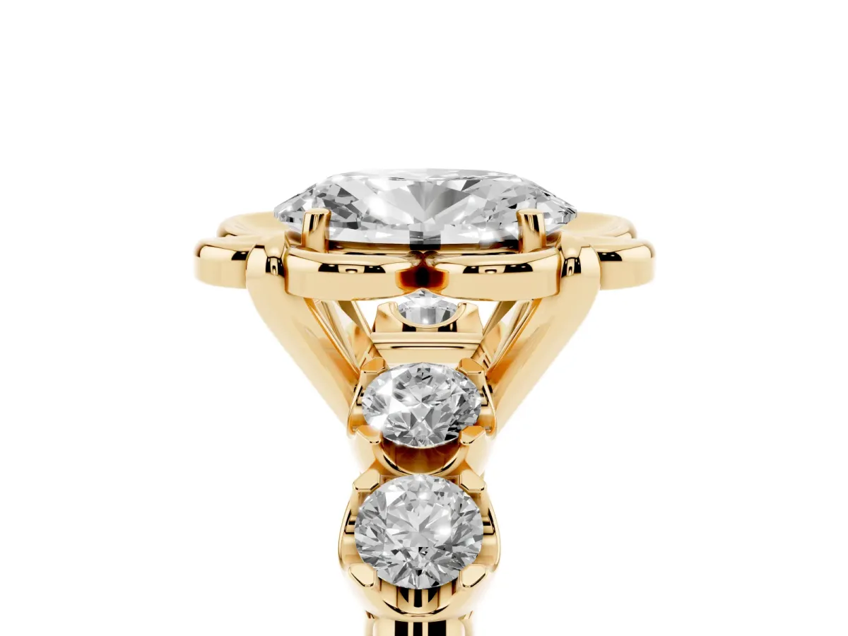 Oval Cut Cut Diamond Floral Halo Engagement Ring with Shared Prong Setting Yellow gold