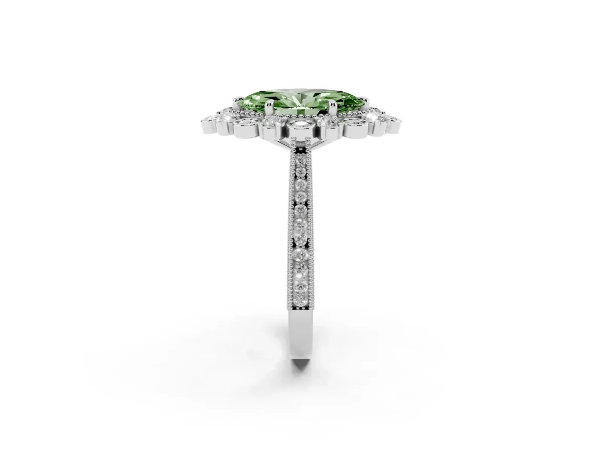 Fancy Green Marquise Cut Halo Milgrain Pave Diamond Ring with Four-Prong Setting White gold