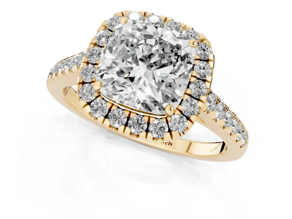 Cushion Cut Halo Pave Diamond Engagement Ring with Four-Prong Setting Yellow gold