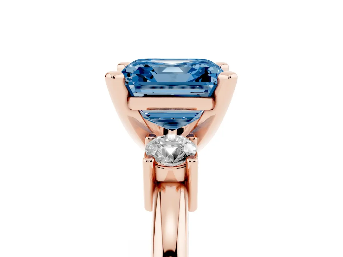 Fancy Blue Three-Stone Asscher Cut Cut Diamond Solitaire with Prong Setting and Classic Band Rose gold