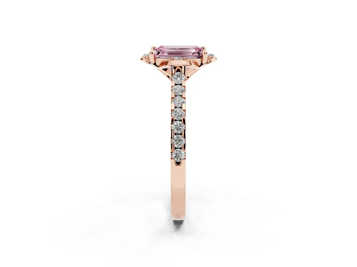 Fancy Pink Emerald Cut Diamond Ring with Pavé Band and Floral Prong Setting Rose gold