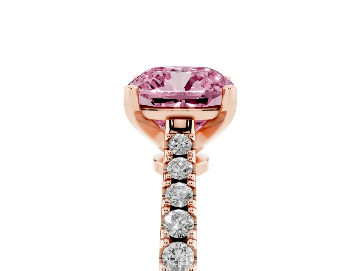 Fancy Pink Cushion Cut Cut Solitaire Diamond Engagement Ring with Pave Band and Four-Prong Setting Rose gold