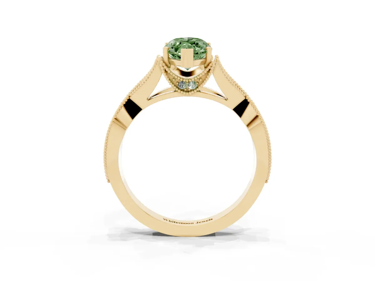 Fancy Green Marquise Cut Cut Diamond Twisted Band with Milgrain Pave Setting and Four-Prong Setting Yellow gold
