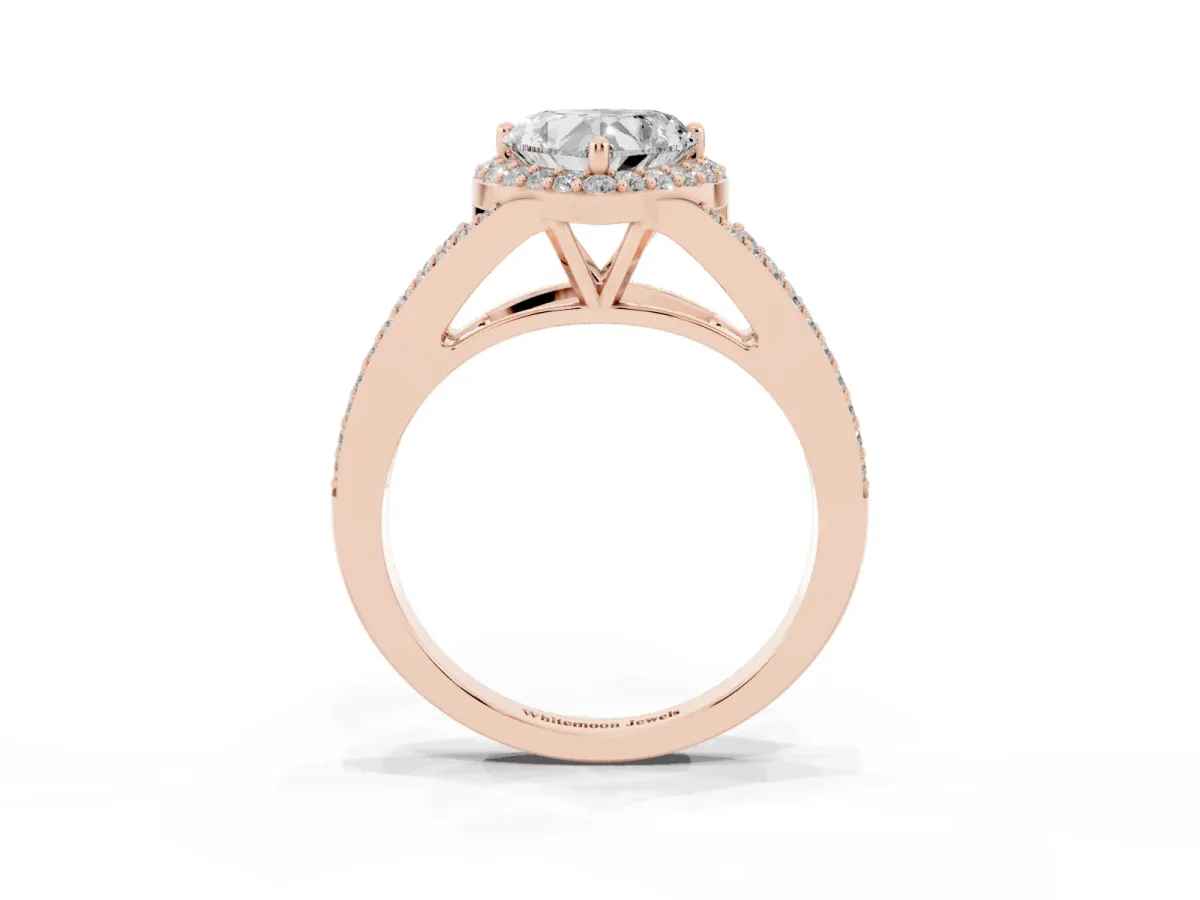 Heart Cut Halo Split Shank Diamond Ring with Prong Setting Rose gold
