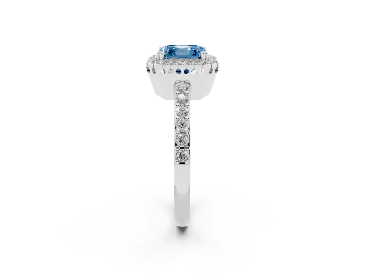 Fancy Blue Asscher Cut Cut Diamond Halo Engagement Ring with Milgrain Detail and Pavé Band Platinum