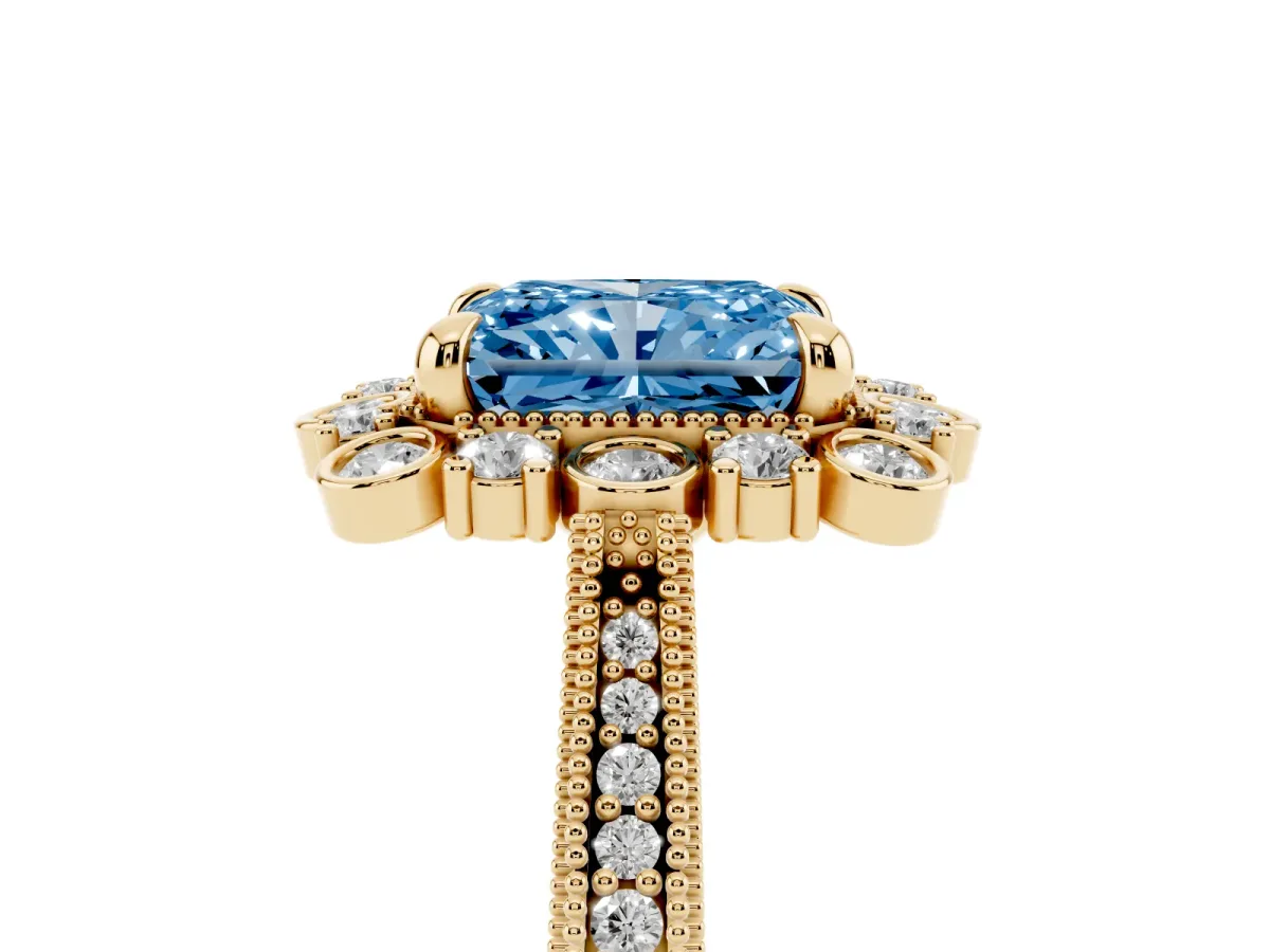 Fancy Blue Radiant Cut Halo Milgrain Pave Diamond Ring with Four-Prong Setting Yellow gold