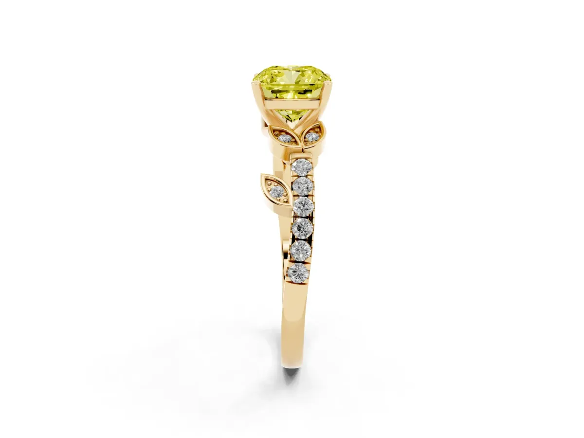 Fancy Yellow Cushion Cut Solitaire Leaf-Inspired Diamond Ring with Pavé Band and Four-Prong Setting Yellow gold