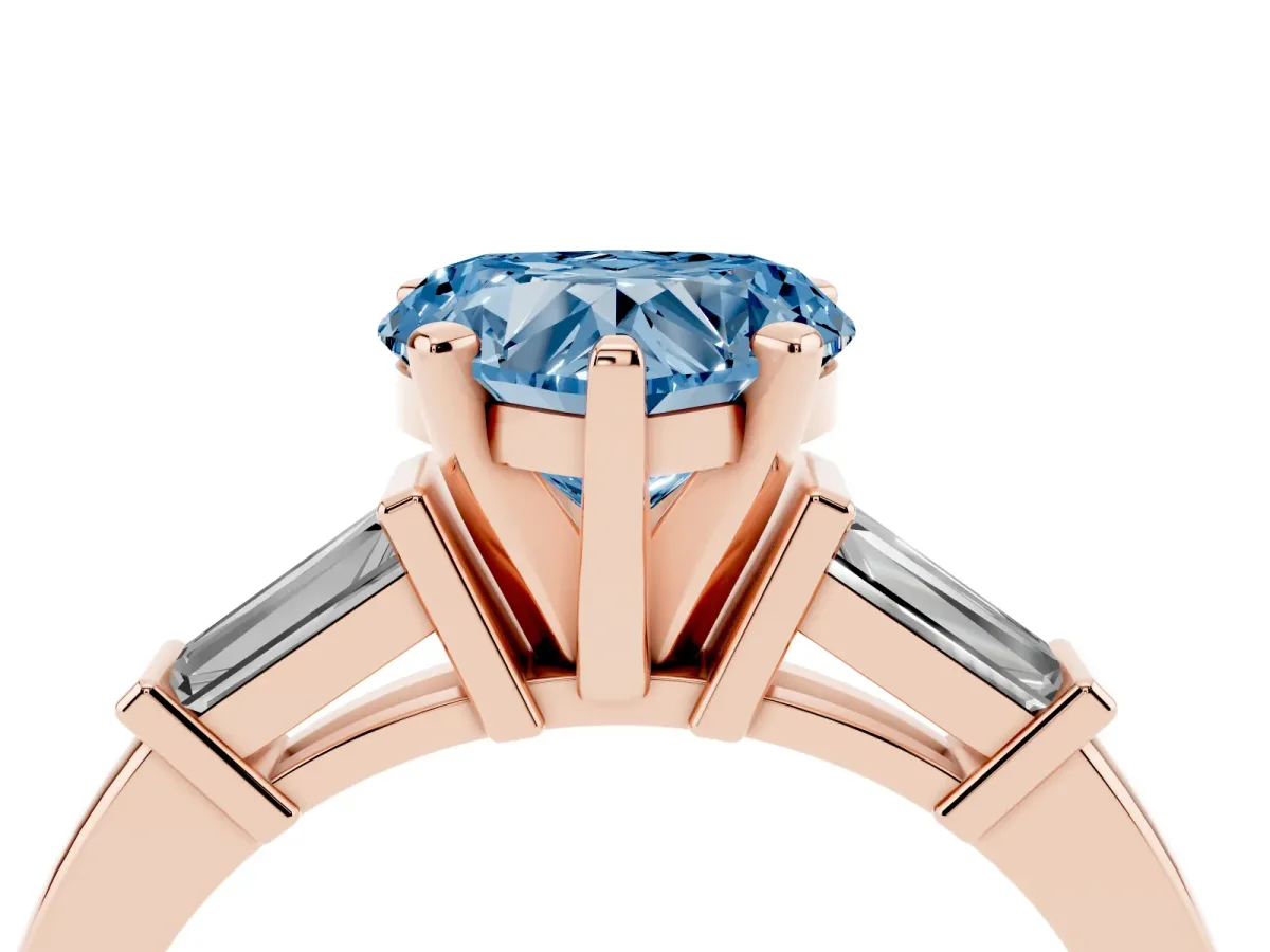 Fancy Blue Heart Cut Cut Diamond Solitaire Ring with Tapered Baguette Accents and Four-Prong Setting Rose gold
