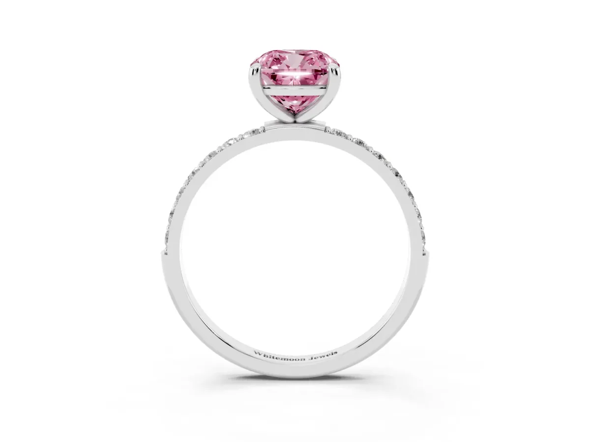 Fancy Pink Cushion Cut Diamond Solitaire Ring with Round Pavé Band and Prong Setting Platinum