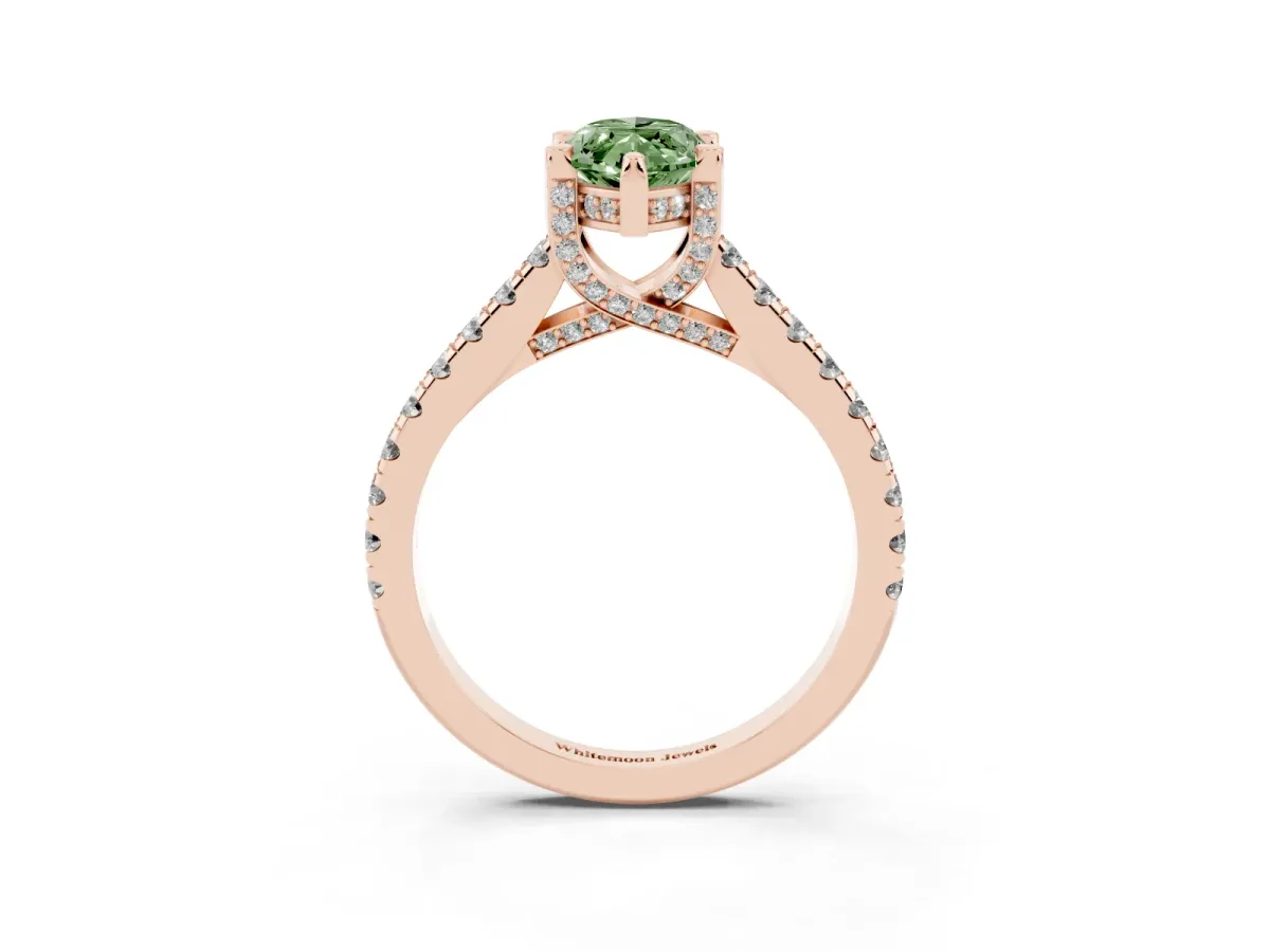 Fancy Green Marquise Cut Brilliant Diamond Solitaire with Pavé Band and Four-Prong Setting Rose gold