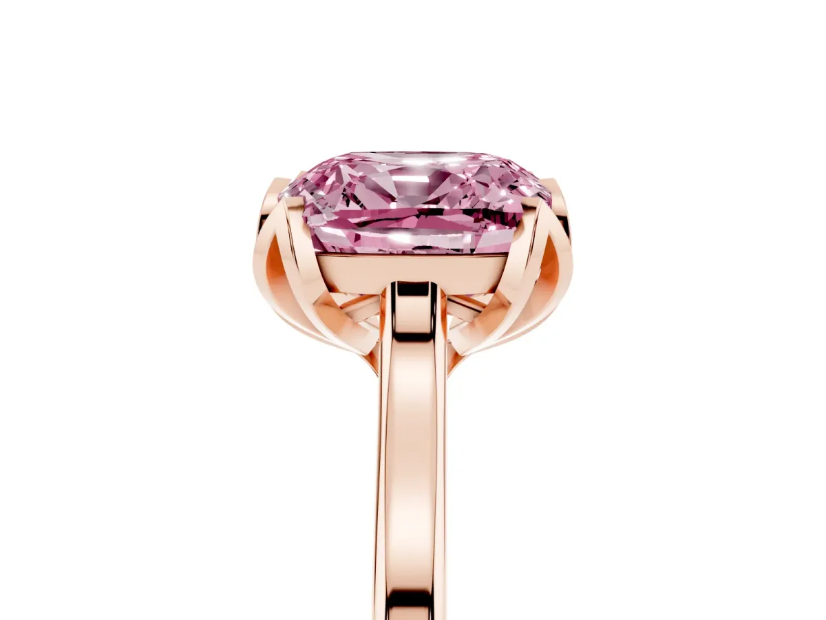 Fancy Pink Cushion Cut Diamond Solitaire Ring with Flower Prong Setting and Classic Band Rose gold
