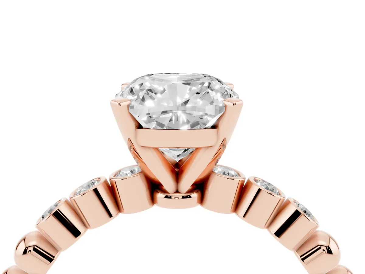 Cushion Cut Solitaire Bezel Accent Diamond Engagement Ring with Beaded Band and Four-Prong Setting Rose gold