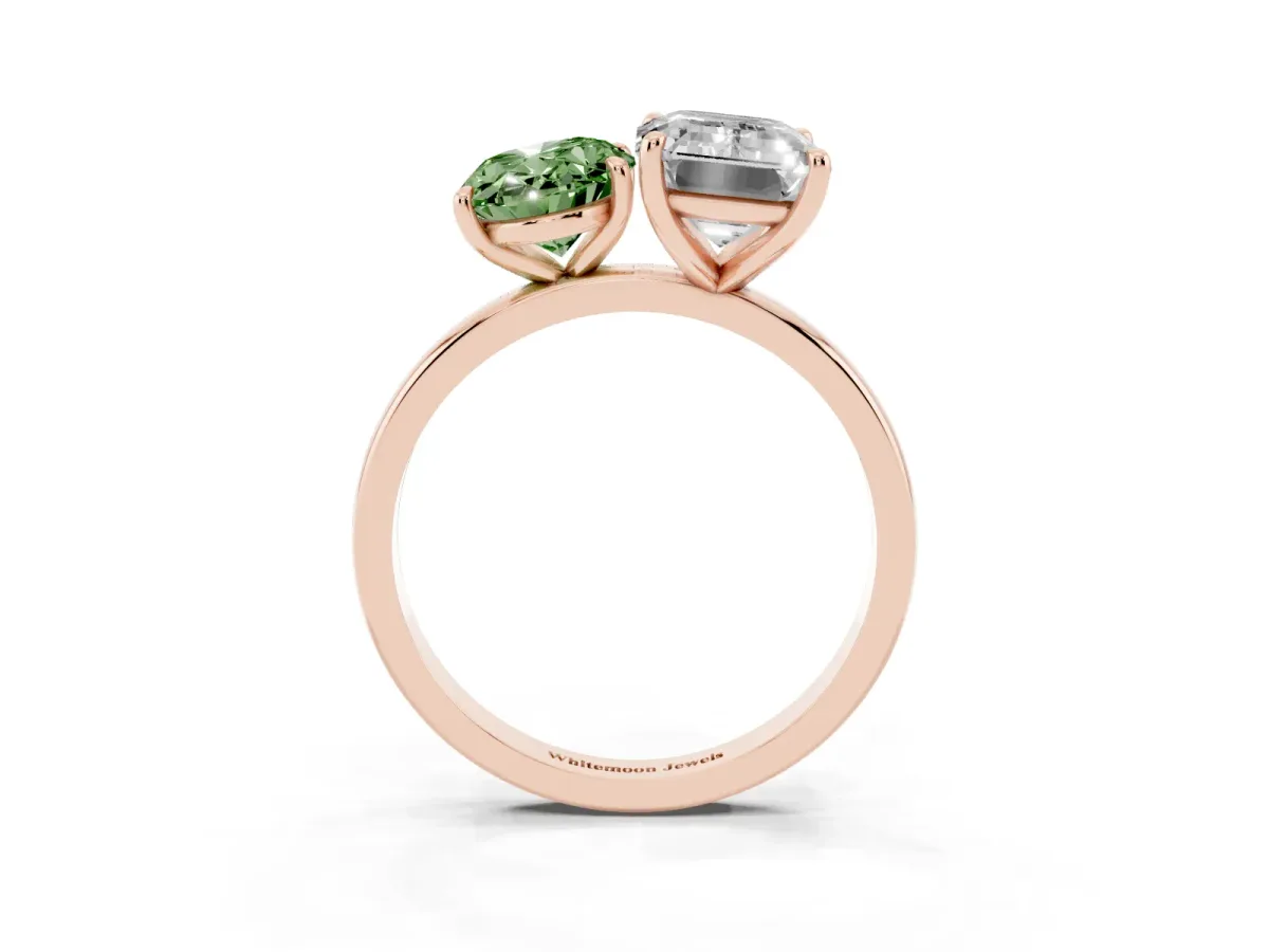 Fancy Green Oval Cut and Emerald Cut Toi Moi Ring with Prong Setting Rose gold