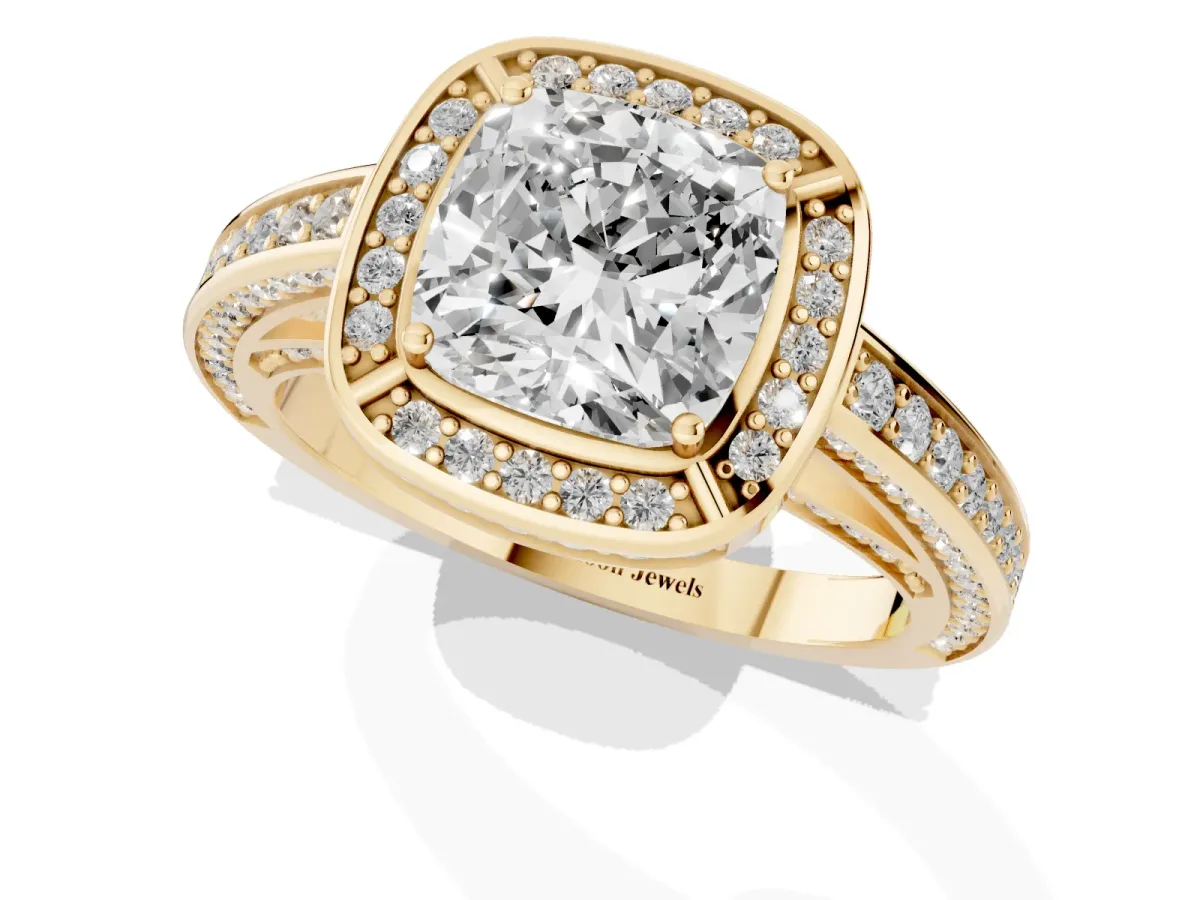 Cushion Cut Cut Halo Pave Split Shank Prong Setting Ring Yellow gold