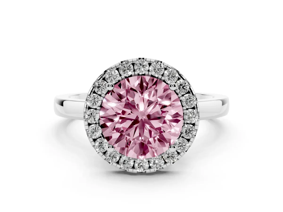 Fancy Pink Round Cut Halo Diamond Solitaire with Pavé Band and Four-Prong Setting Silver