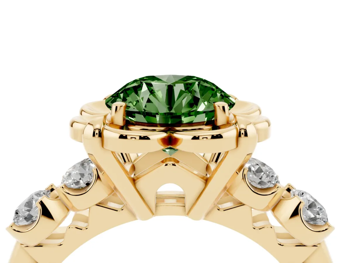 Fancy Green Round Cut Cut Diamond Floral Halo Engagement Ring with Shared Prong Setting Yellow gold