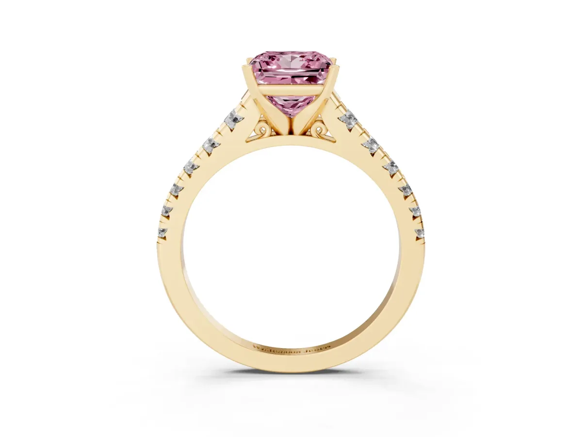 Fancy Pink Princess Cut Diamond Cathedral Solitaire Ring with Round Pavé Band Yellow gold