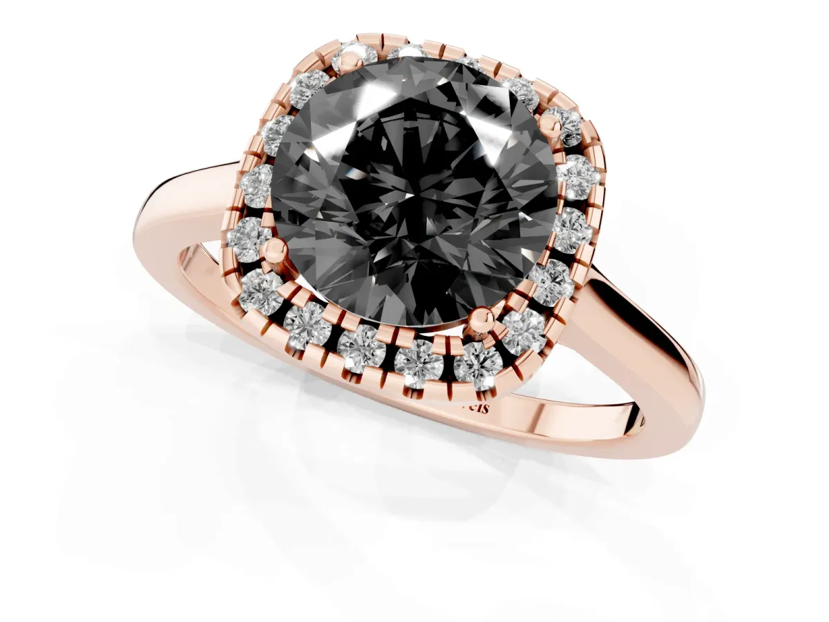 Fancy Black Round Cut Halo Round Diamond Solitaire Ring with Pavé Band and Four-Prong Setting Rose gold