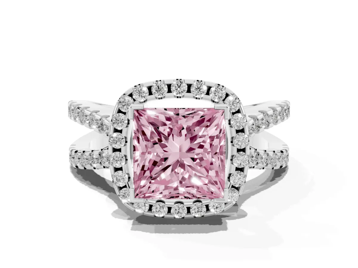 Fancy Pink Princess Cut Diamond Halo Ring with Split Shank Pavé Band and Prong Setting Silver