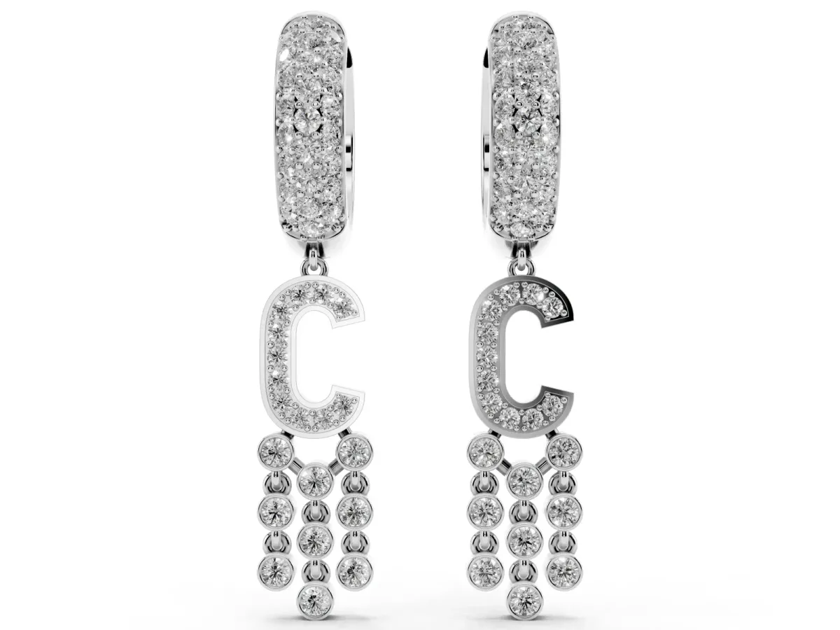 Round Diamond Initial C Huggie Hoop Earrings Platinum