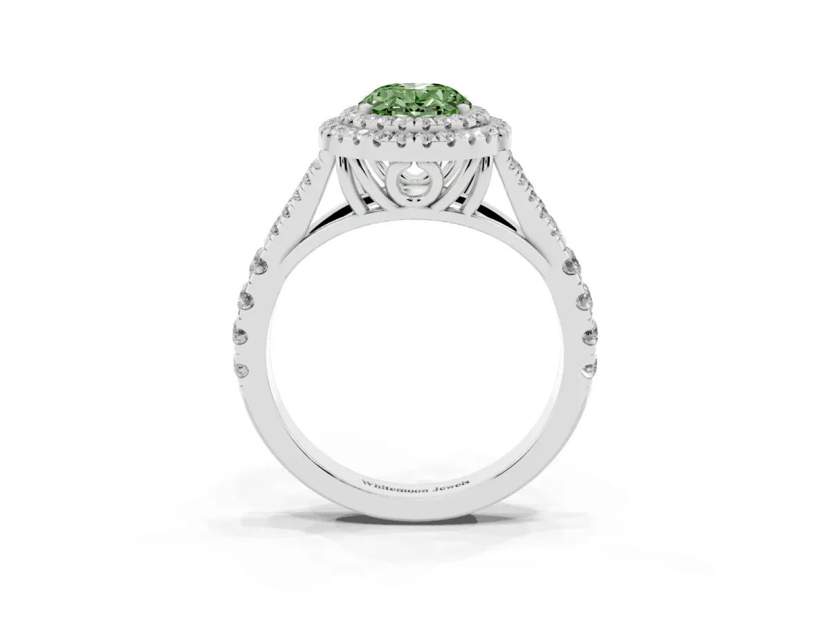 Fancy Green Oval Cut Cut Double Halo Split Shank Diamond Ring with Prong Setting Silver