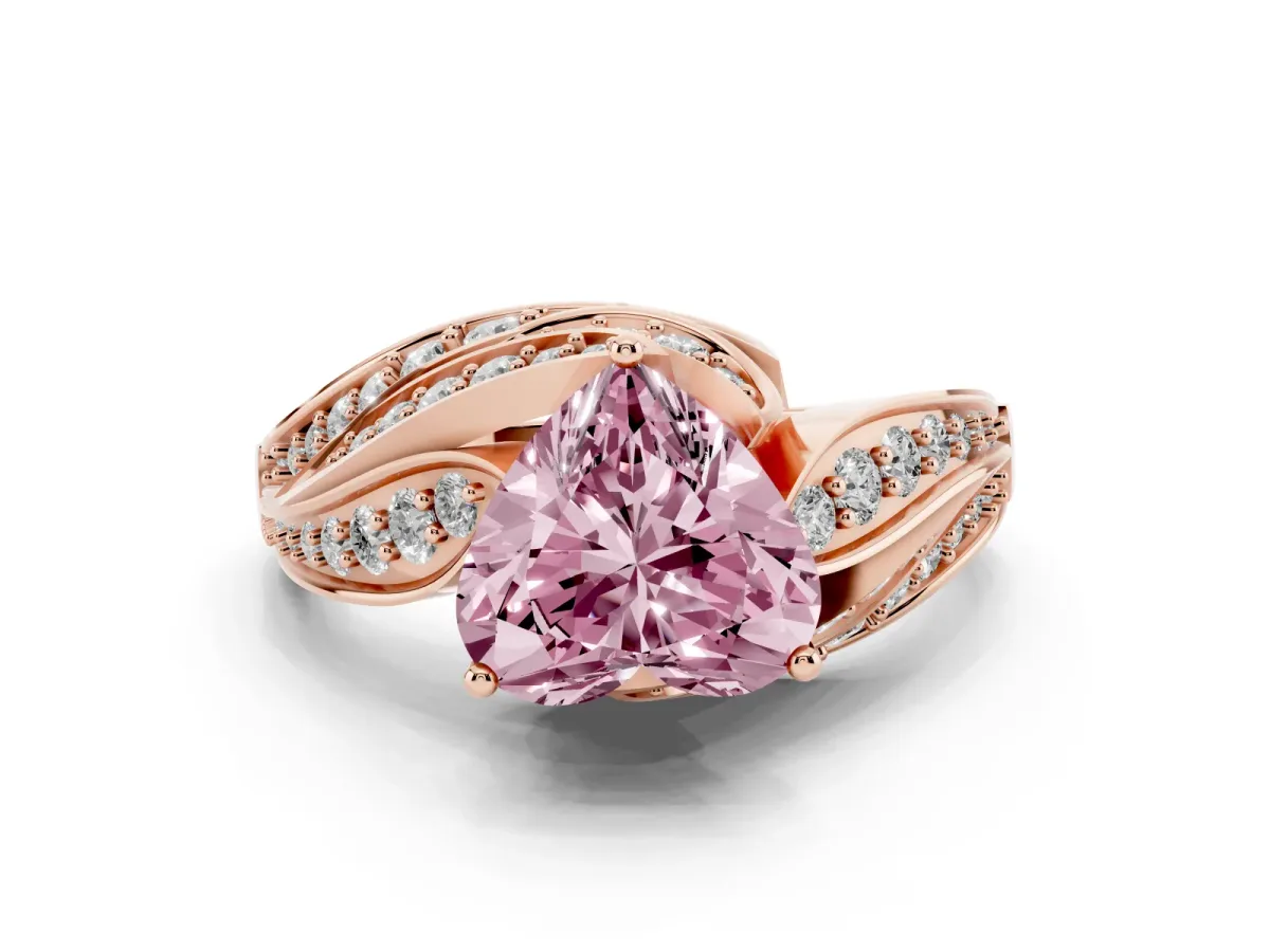 Fancy Pink Heart Cut Diamond Solitaire Ring with Prong Setting and Twisted Pavé Band Rose gold