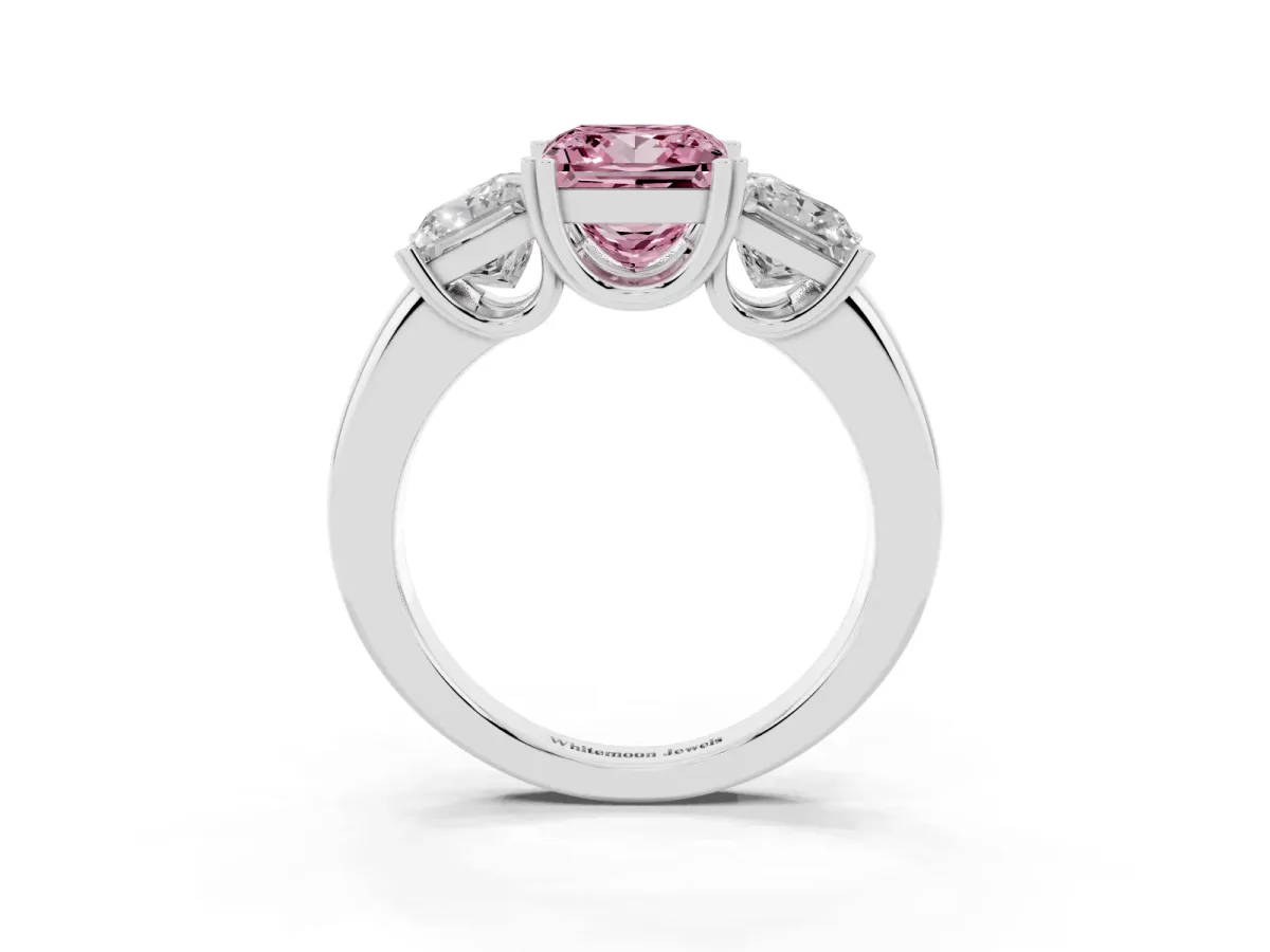 Fancy Pink Three-Stone Princess Cut Cut Diamond Ring with Channel Set Band and Four-Prong Setting Silver