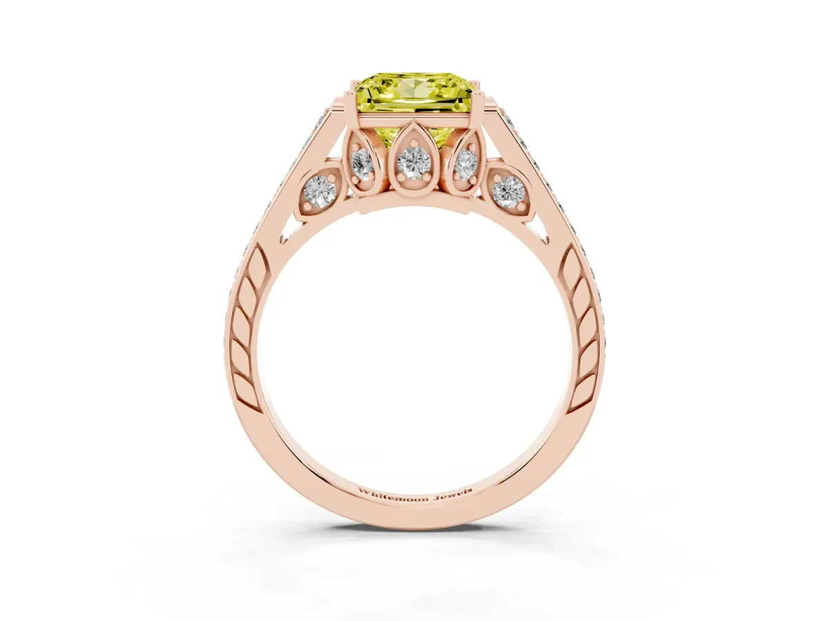 Fancy Yellow Princess Cut Cut Cathedral Pave Diamond Engagement Ring with Six-Prong Setting Rose gold