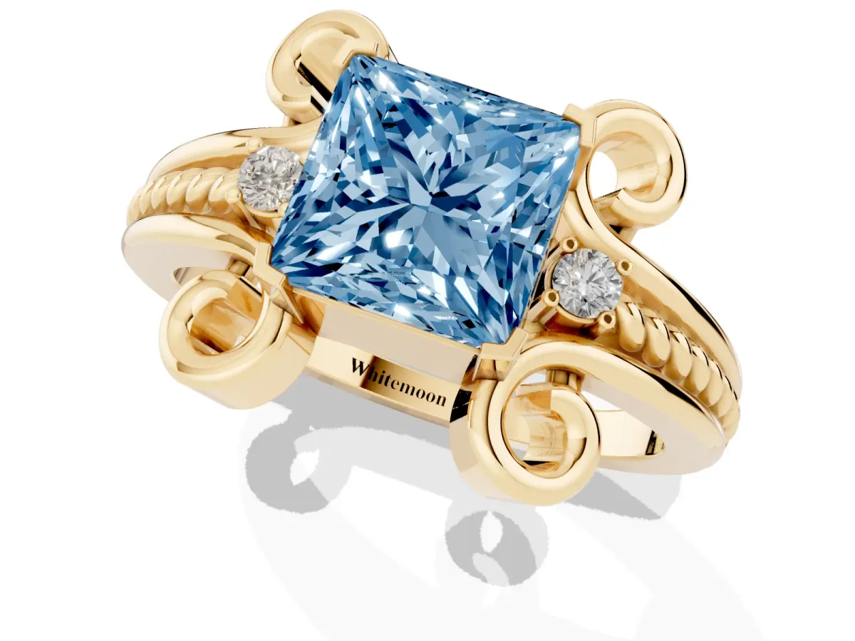 Fancy Blue Princess Cut Solitaire Twisted Band Scroll Prong Ring Yellow gold