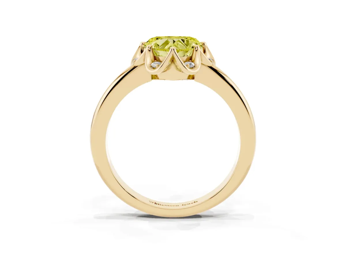 Fancy Yellow Heart Cut Halo Diamond Ring with Round Cluster Setting, Solitaire Band, and Four-Prong Setting Yellow gold