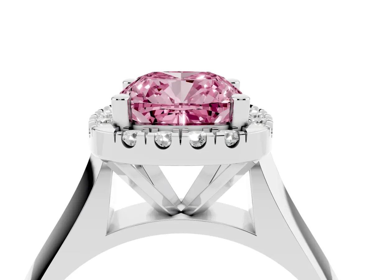Fancy Pink Cushion Cut Cut Halo Solitaire Engagement Ring with Square Band and Four-Prong Setting White gold