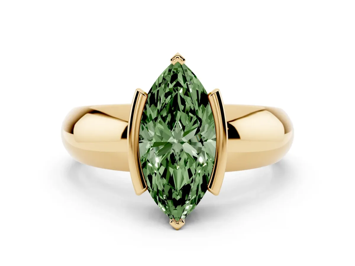 Fancy Green Marquise Cut Solitaire Tension Set Diamond Ring with Wide Band Yellow gold
