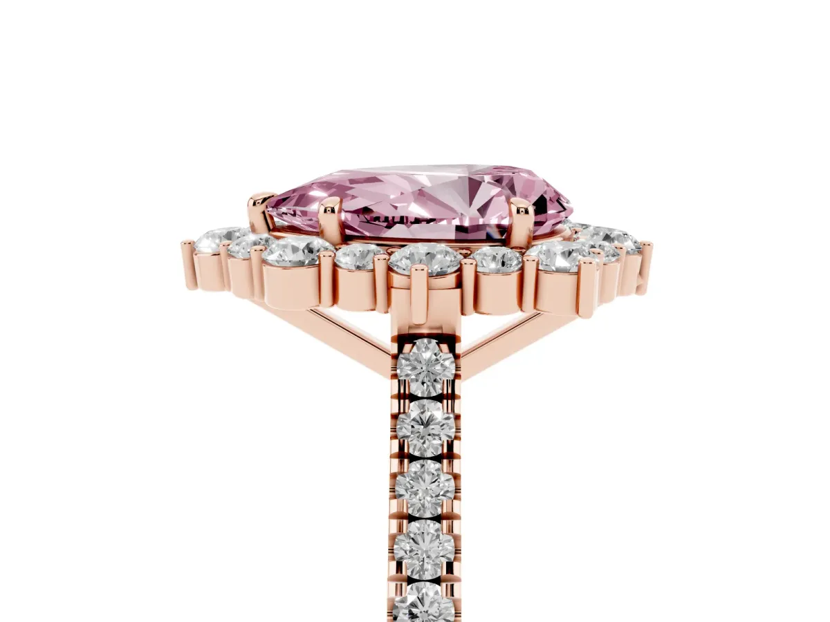 Fancy Pink Pear Cut Halo Diamond Ring with Pavé Band and Prong Setting Rose gold