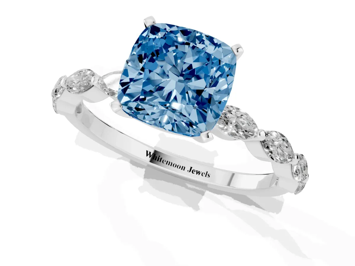 Fancy Blue Cushion Cut Diamond Ring with Marquise Side Stones and Prong Setting White gold
