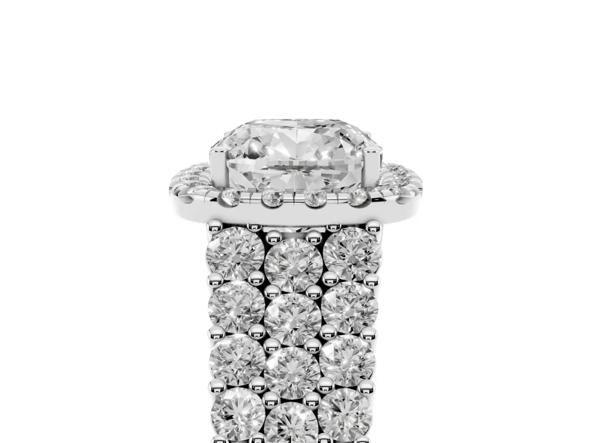 Cushion Cut Diamond Halo Engagement Ring with Triple Row Round Pavé Band and Prong Setting Silver