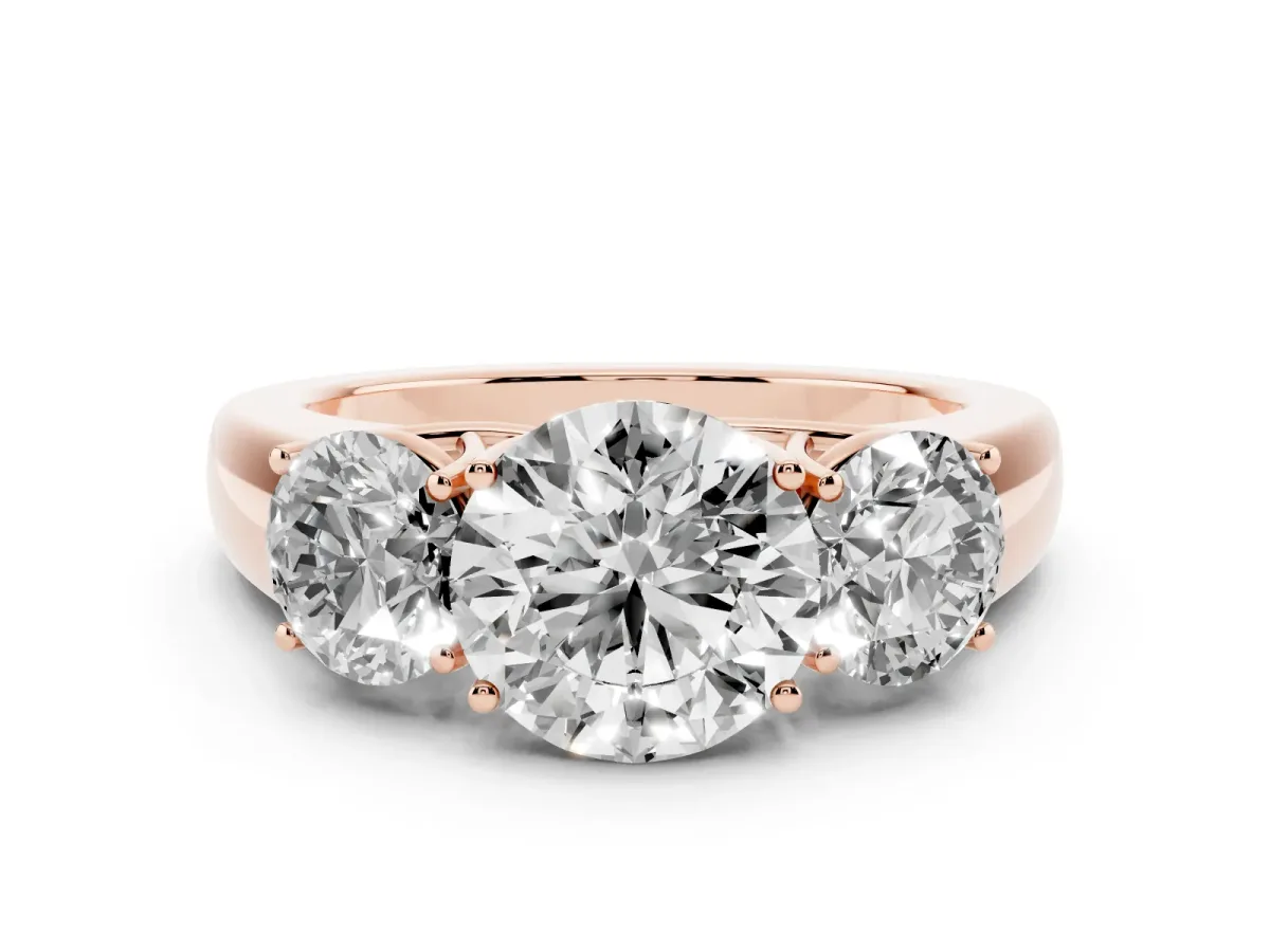 Three-Stone Round Cut Cut Diamond Ring with Prong Setting and Classic Band Rose gold