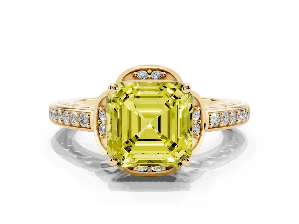 Fancy Yellow Asscher Cut Cut Halo Diamond Ring with Channel Set Band and Four-Prong Setting Yellow gold