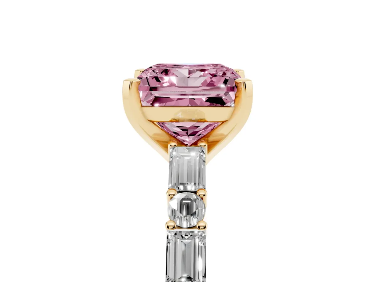 Fancy Pink Princess Cut Diamond Solitaire with Side Baguettes and Channel Set Band Yellow gold