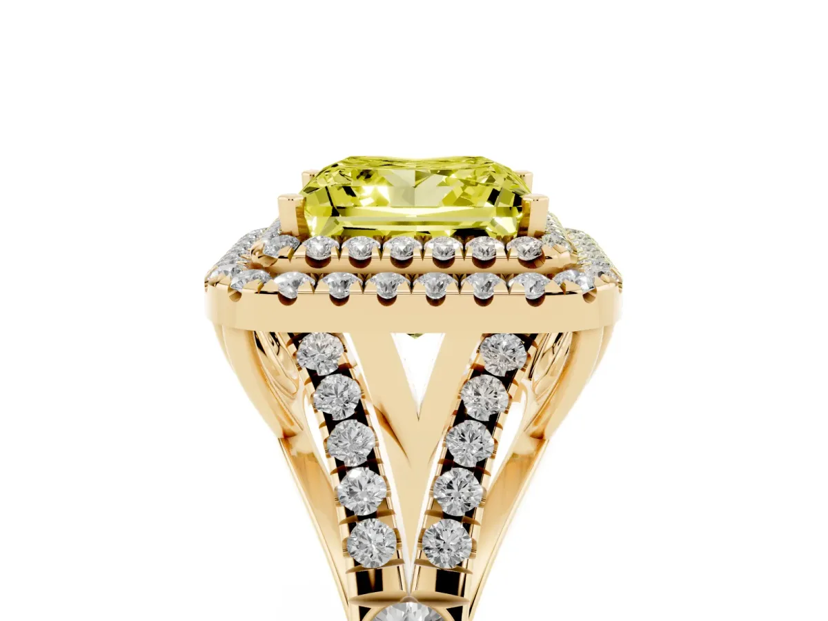 Fancy Yellow Princess Cut Cut Double Halo Split Shank Diamond Ring with Prong Setting Yellow gold
