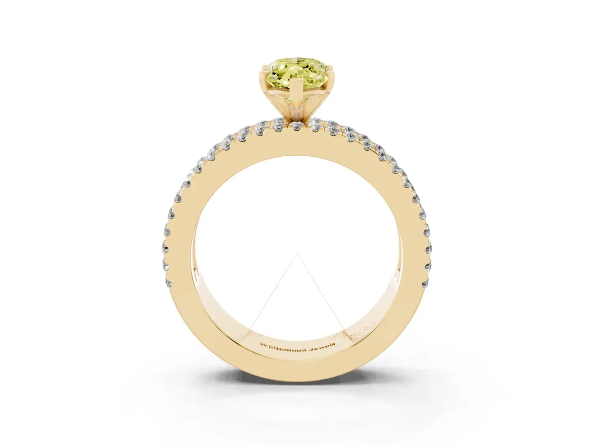 Fancy Yellow Marquise Cut Diamond Solitaire Ring with Pavé and Channel Set Band Yellow gold