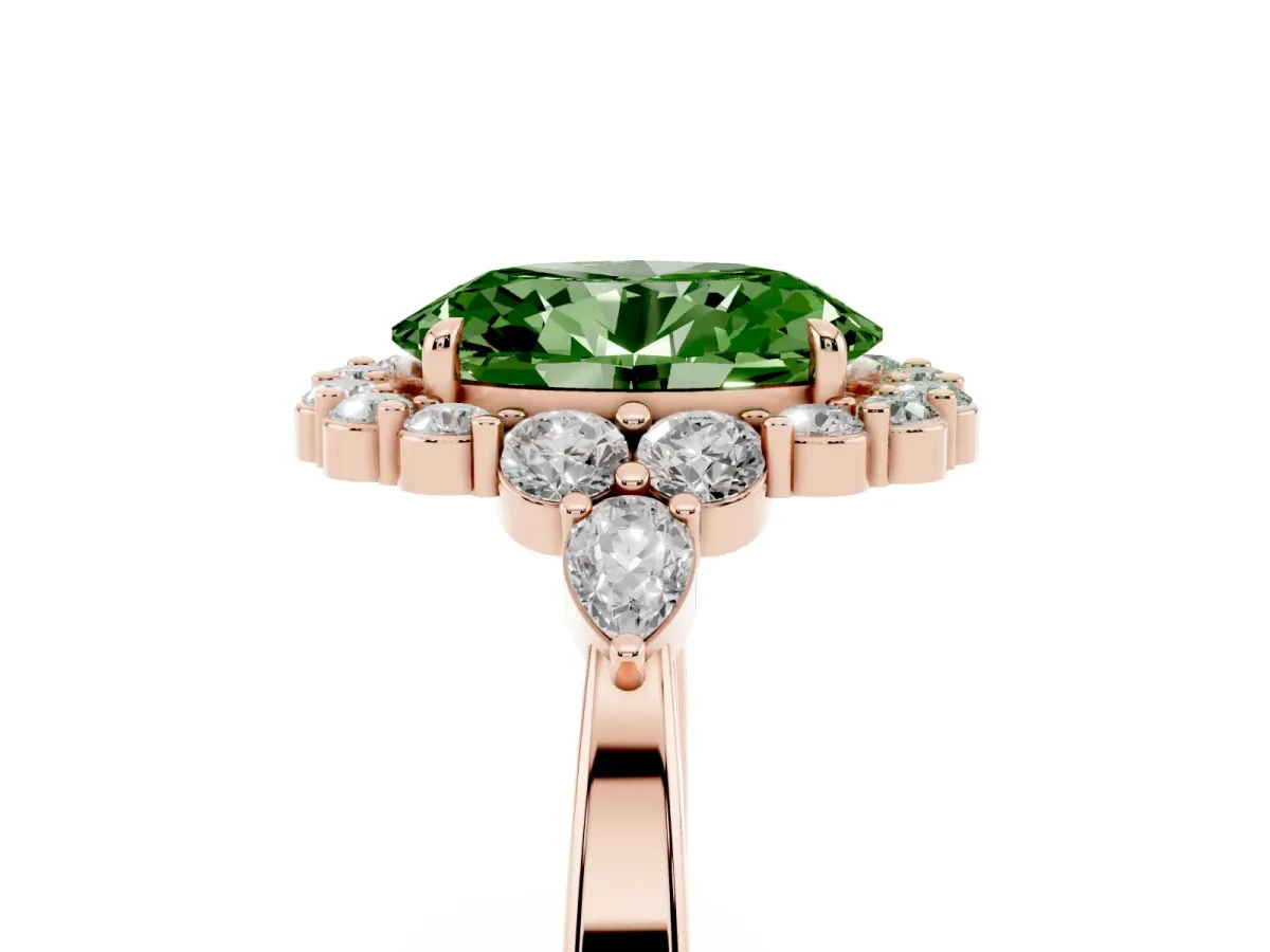 Fancy Green Oval Cut Diamond Halo Ring with Pear Side Stones and Prong Setting Rose gold