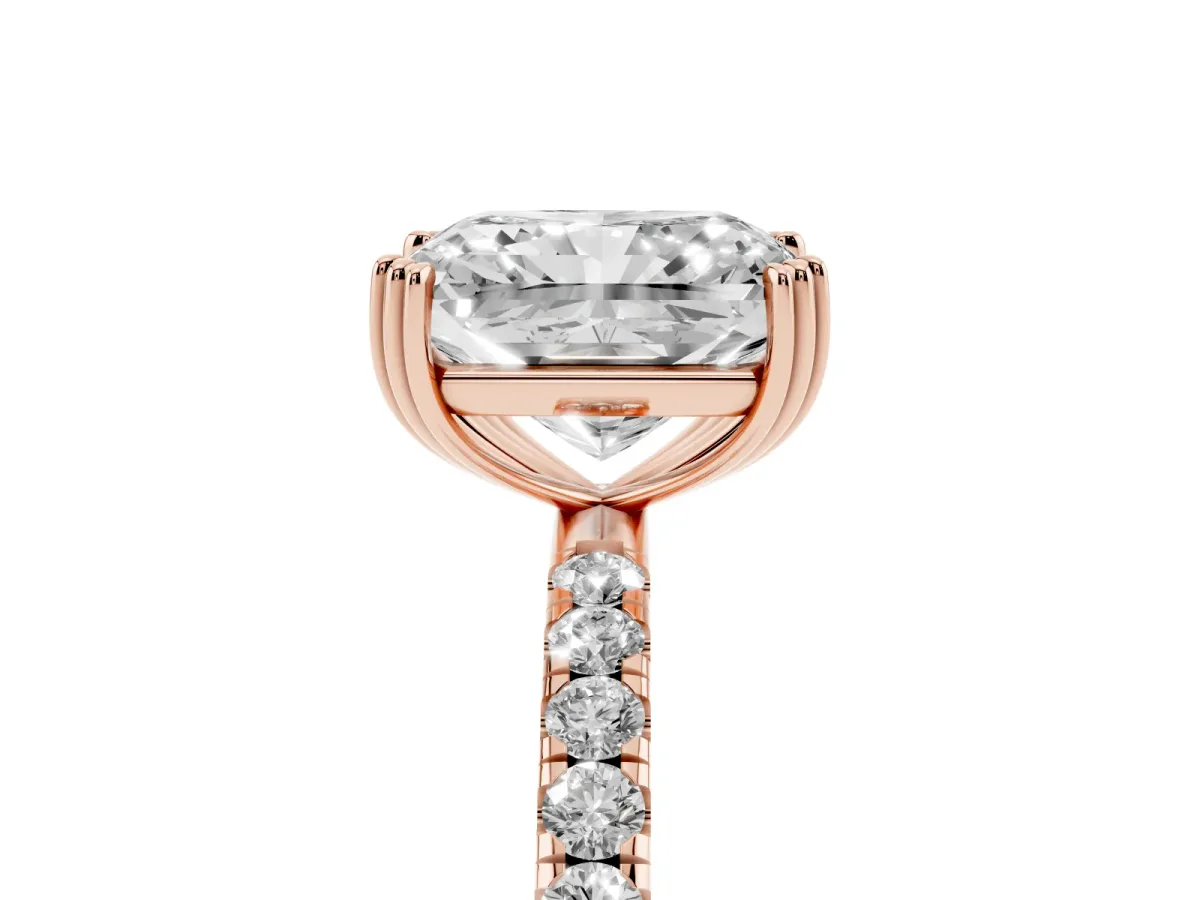 Radiant Cut Brilliant Solitaire with Pavé Band and Claw Prong Setting Rose gold