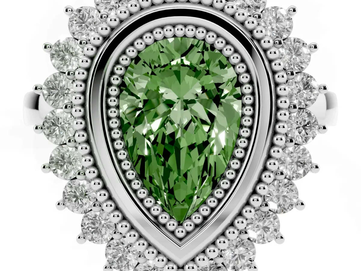 Fancy Green Pear Cut Halo Diamond Ring with Milgrain Edge and Round Prong Setting Silver