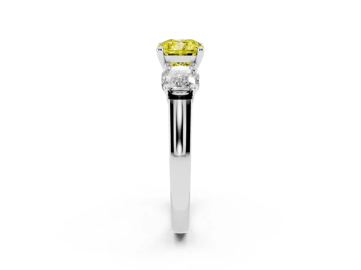 Fancy Yellow Three-Stone Cushion Cut Brilliant Diamond Trellis Ring with Comfort Fit Band White gold