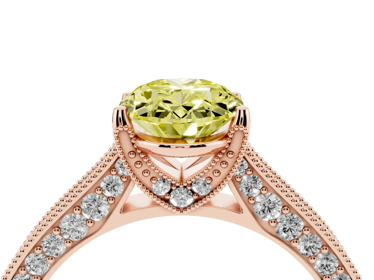 Fancy Yellow Oval Cut Cut Diamond Solitaire Ring with Milgrain Pave Band and Four Prong Setting Rose gold